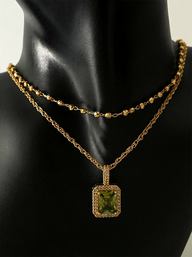 Trendy olive green necklace flash zircon pendant stackable simple clavicle chain summer girls neck accessory