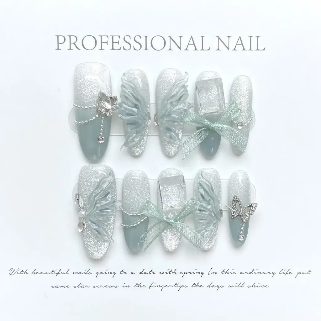 Blue Smoothie Butterfly Nail Super Glitter Cat's Eye Fake Nails Fairy Bow Handmade Wearable Nail Art Patches 66