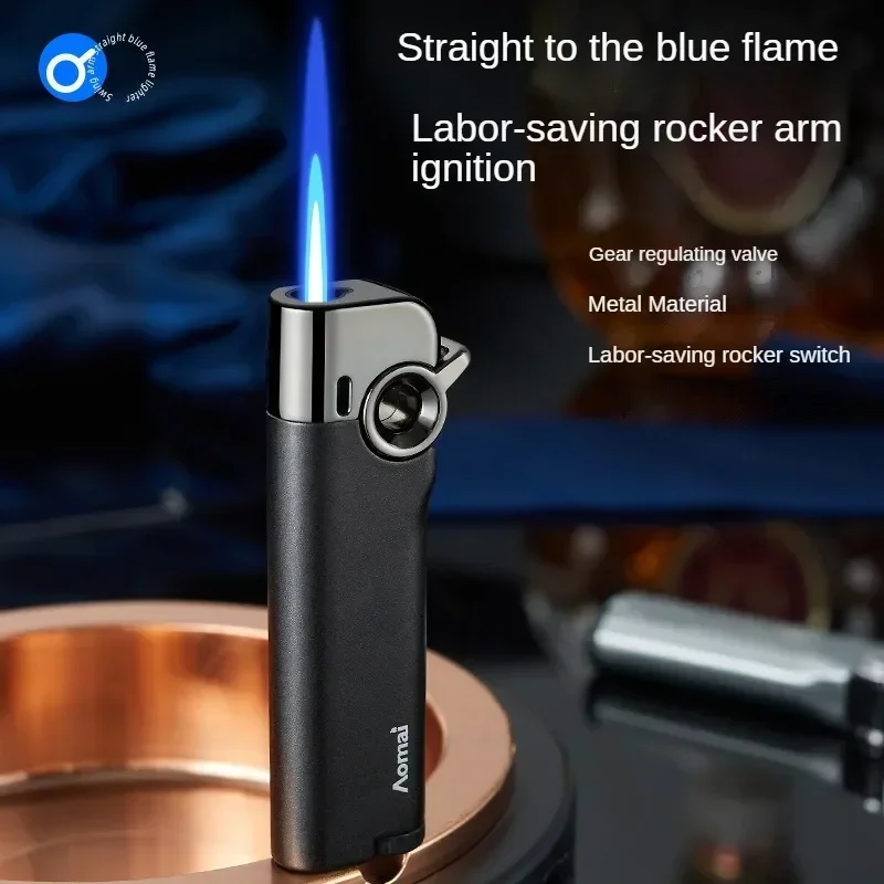 Compact Portable Rocker Arm Jet Blue Flame Buatane Lighter Metal Body Windproof Inflatable Cigarette Lighter Smoking Accessories