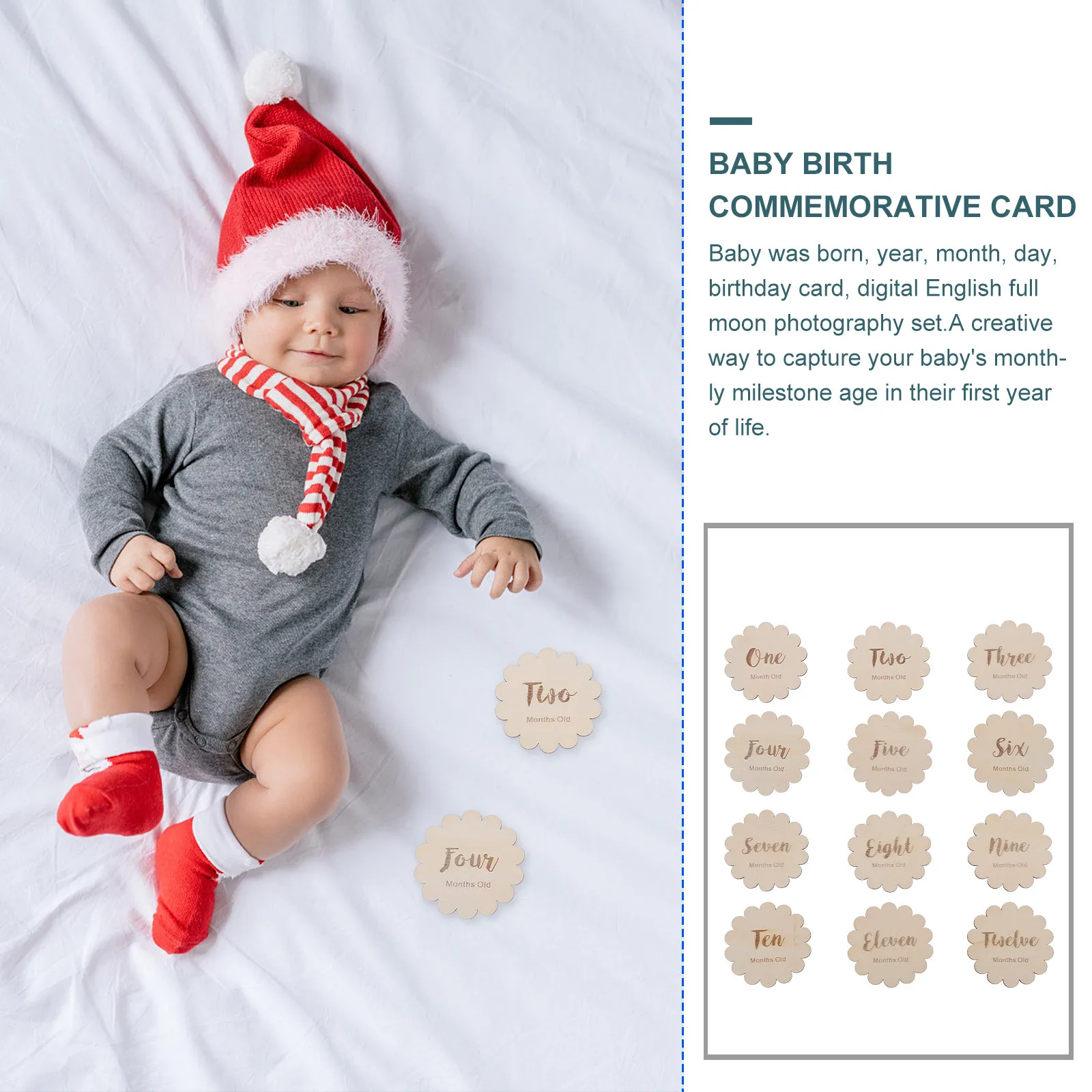 

12Pcs Wooden Baby Growth Milestone Cards First Year Monthly Age Tracking Photo Props Commemorative Cards for Newborn Baby Growth