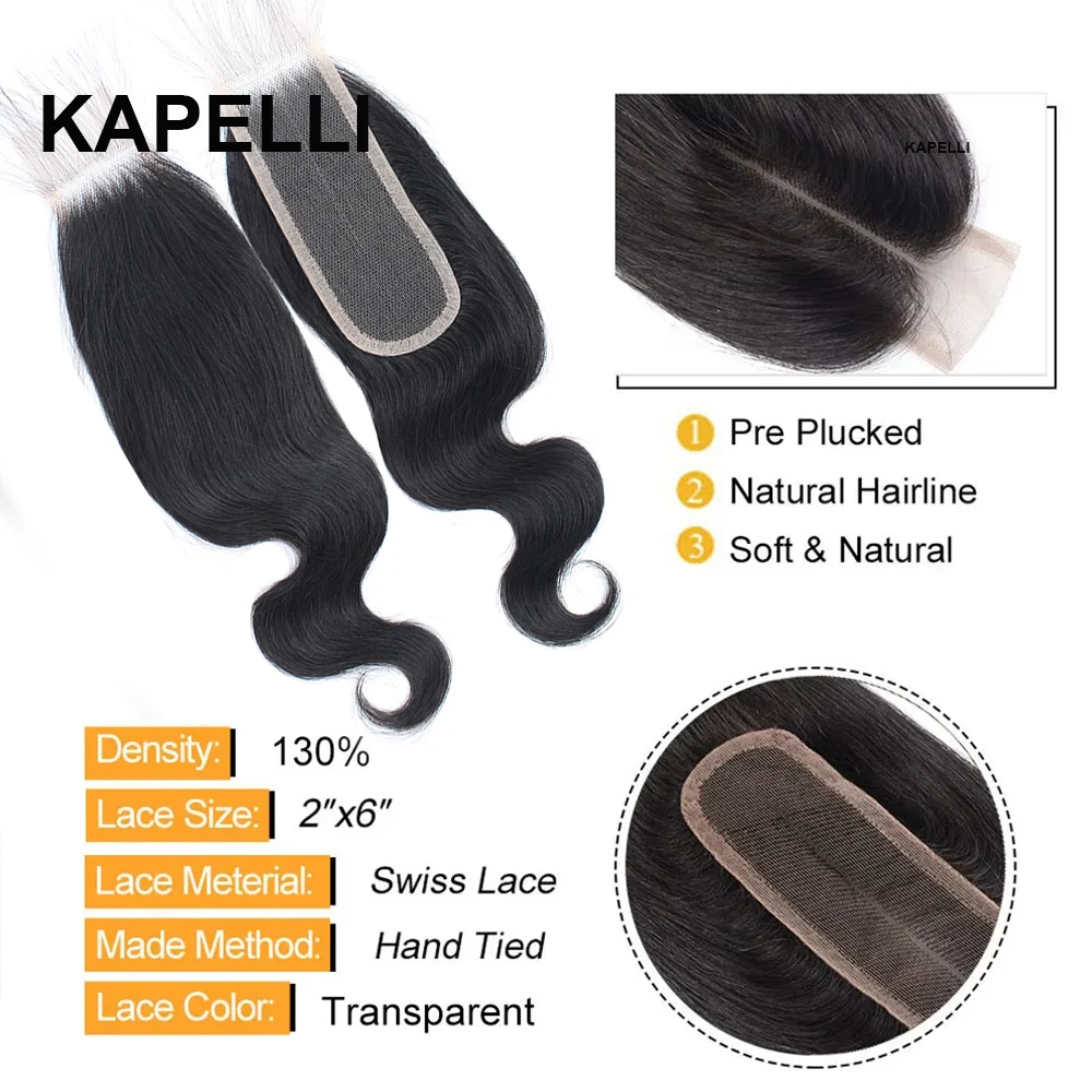 100% ผมมนุษย์ปิดลูกไม้ 2x6 Deep Parting ลูกไม้ผมมนุษย์ปิดตรงผม Pre Plucked Body Wave ปิดลูกไม้ตรง