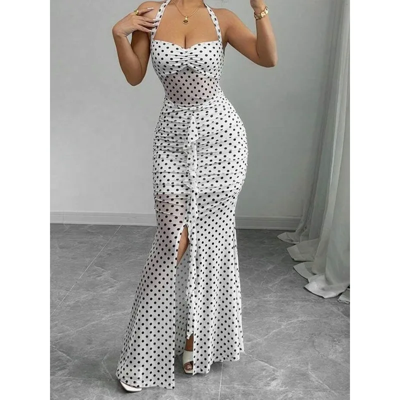 Sexy French Waist Polka Dot Dress Femininity Halter Suspender Slim New Long Dress A Perfect Photo Tool for Seaside Vacations