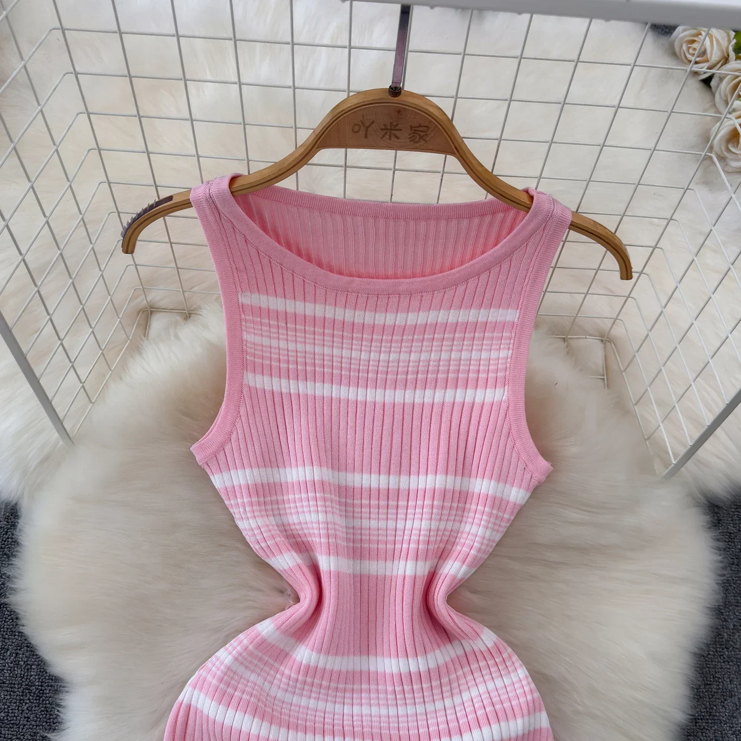 Pink Stripe O-neck Knit Elastic Bodycon Dress Sexy Beach Vacation Slim Sundress Women Casual Pencil Vestidos Maxi Long Dress