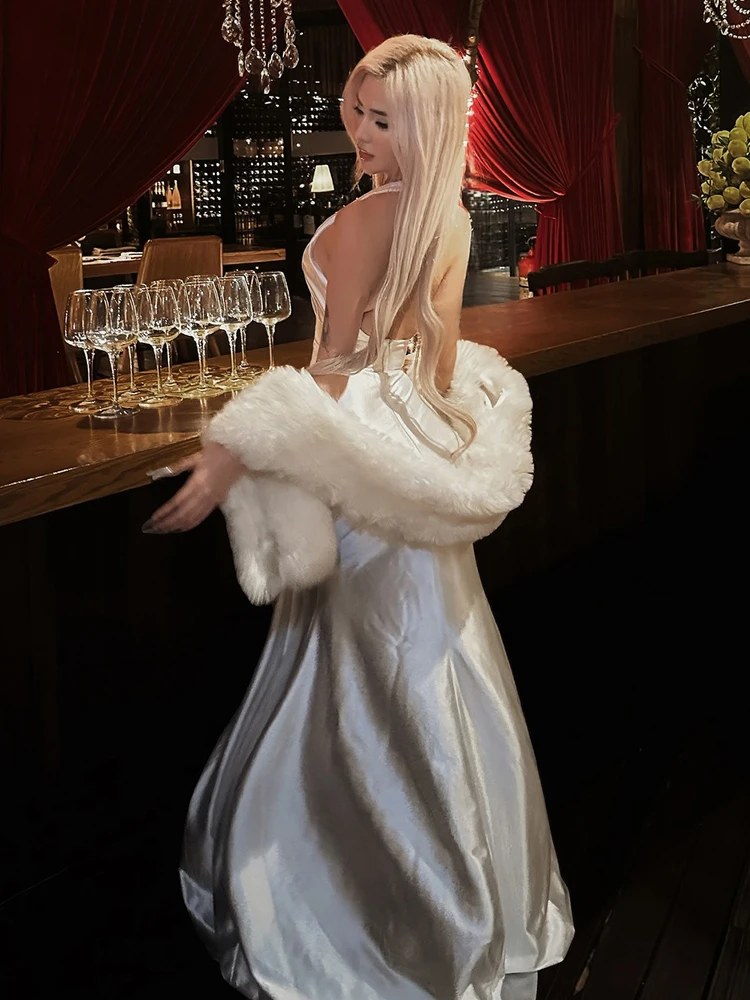 Nibber Low Neck Banquet Halter Satin Dress Women Elegant Sexy Ruched Backless Party Gown Clubwear Stretch Trend Long Bodycon