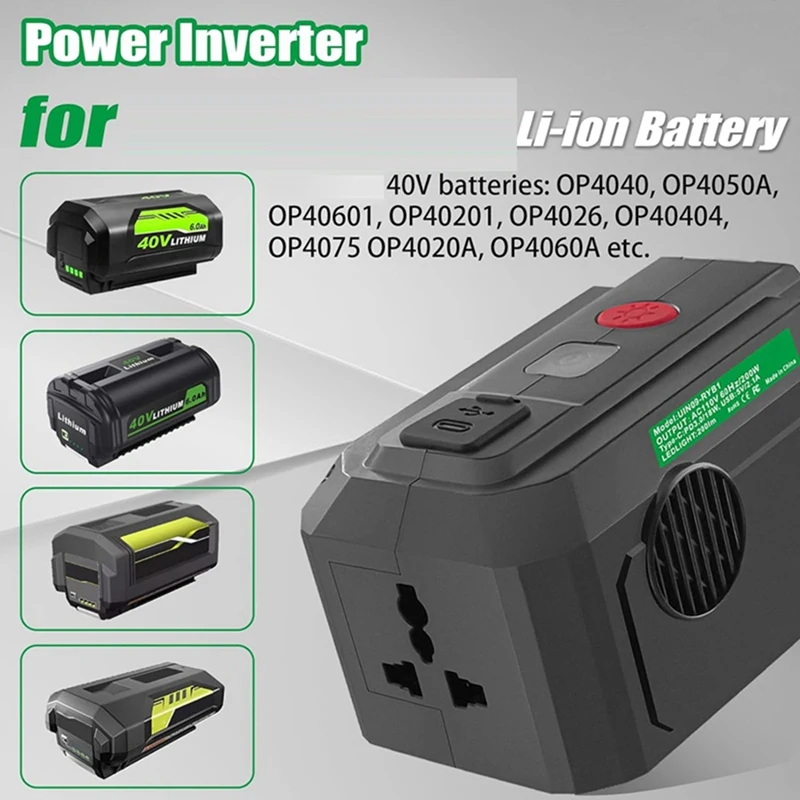 Power Inverter For Ryobi 40V Battery 200W DC 18V To AC 110V With USB Portand Type-C PD3.0 Output LED Lighting US Plug