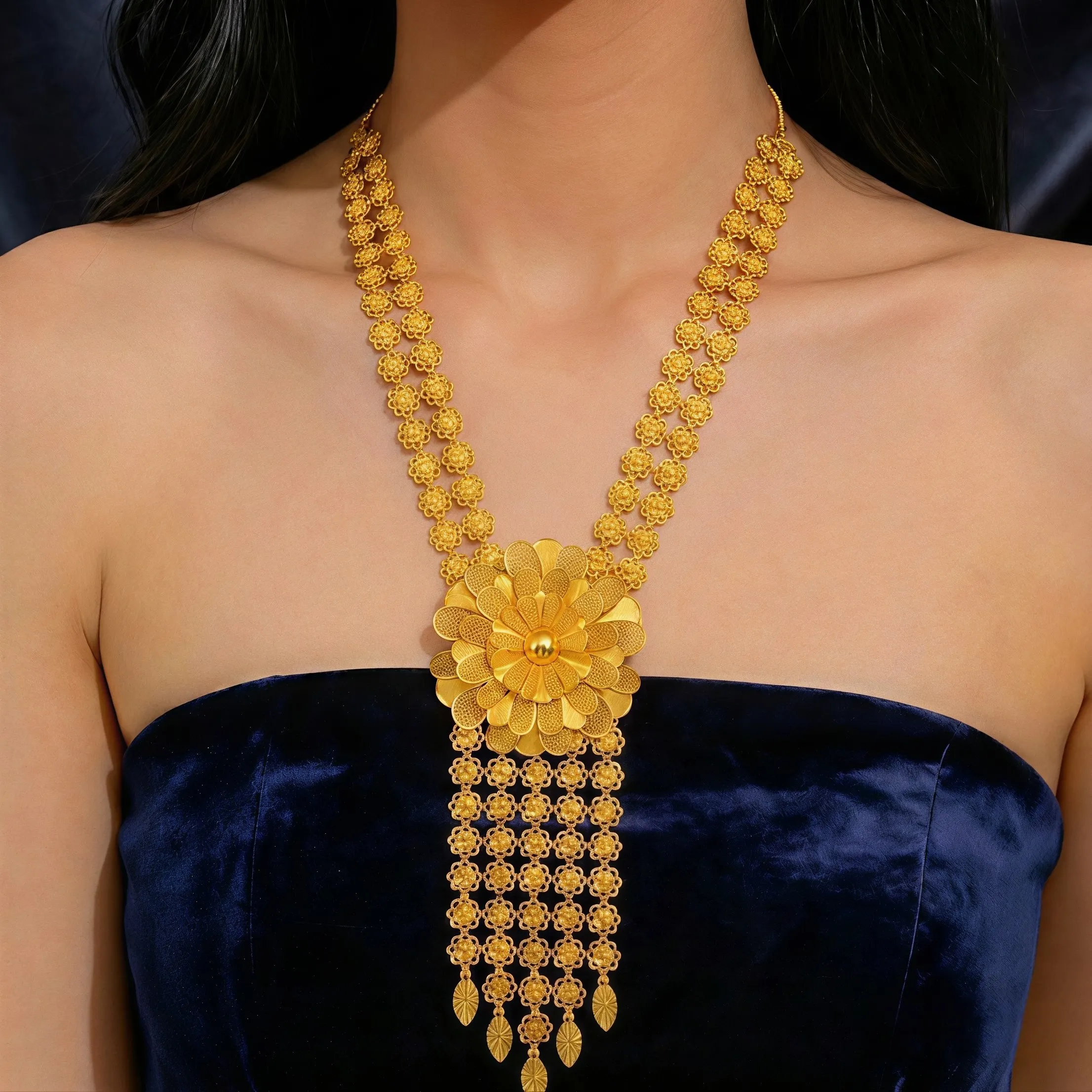 Luxuriöse indische lange Blumen-Halsketten- und Ohrring-Sets für Bräute, äthiopischer Dubai 24k Goldfarben-Schmuck, Ohrringe, Bankettgeschenke – Detail 2