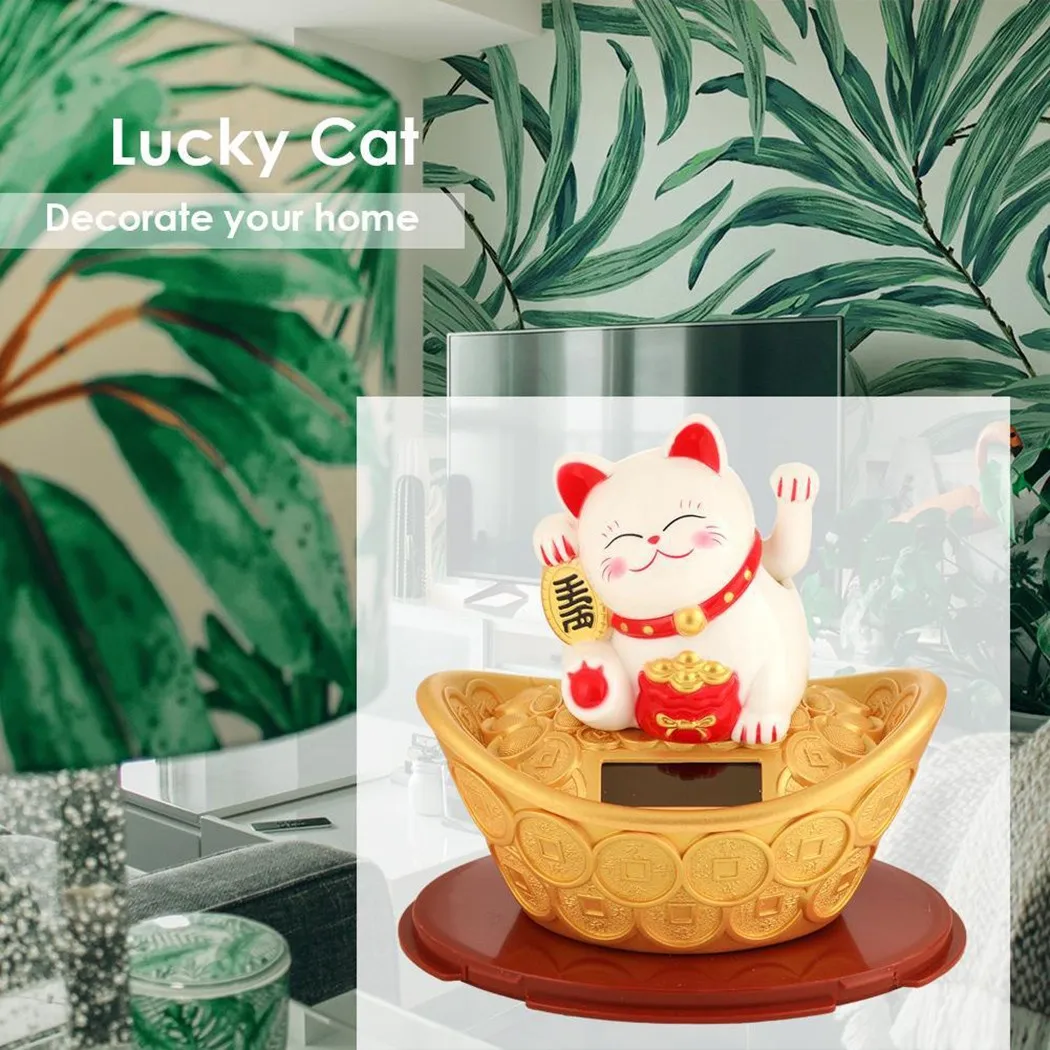 Gold Ingot Lucky Cat Hotel New Year Ornament Solar Waving Beckoning Craft Fortune Plastic Wealth 11.5x7.5x12cm