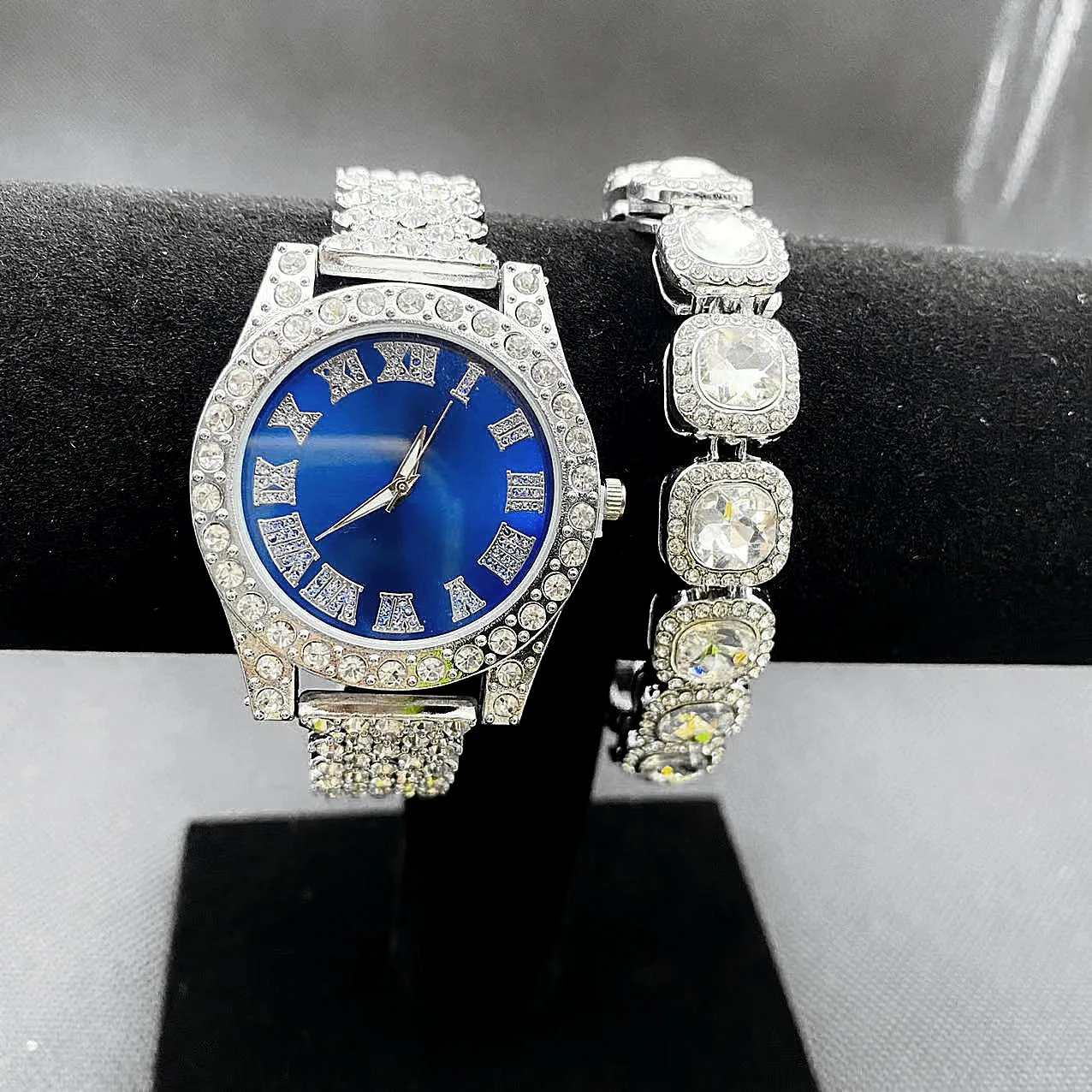 2pcs Full Iced Out Watch for Women Bling Tennis Chain Bracelet Elegant Simple Wristwatch CZ Hip Hop Luxury Jewelry Set Relojes