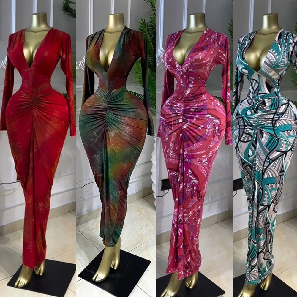 

2026 Trendy Printed Deep V-Neck Stacked Ruched Long Sleeve Bodycon Midi Maxi Dress for Women Birthday Party Holiday Luxury Gown