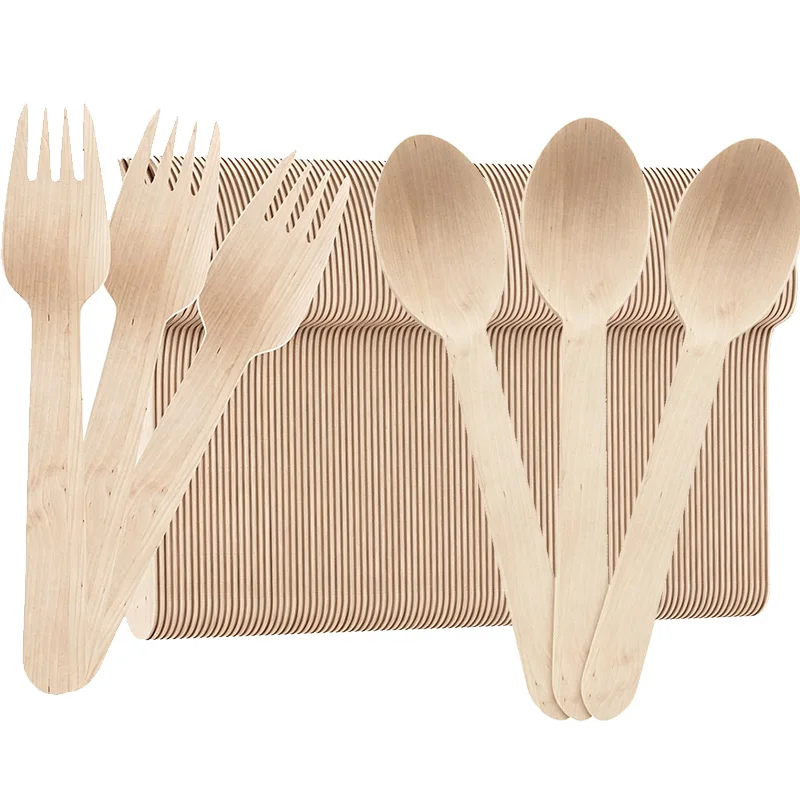 100Pcs Disposable Wooden Forks and Spoons Set 14cm Natural Birch Cutlery for Ice Cream Yogurt Dessert Tasting Party Supplies TMZ