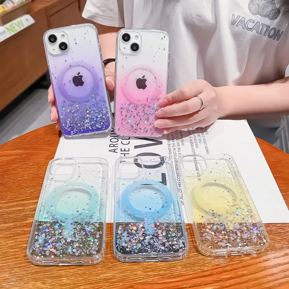 Funda Inalámbrica para iPhone 16 15 14 13 12 11 Pro Max Plus Mini XR SE 8, con Purpurina Suave Gradual, Estrellas, Cubierta Magnética, Mag-safe