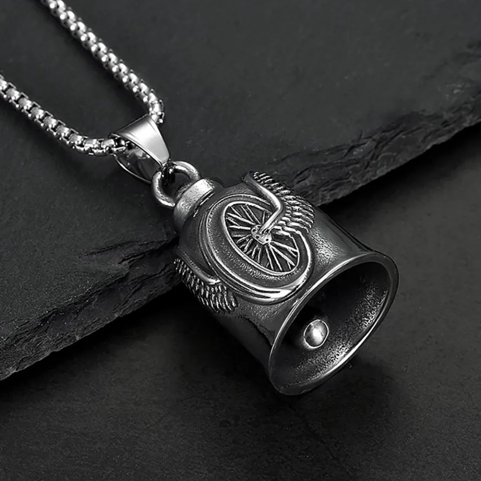 Neue Edelstahl Motorrad Glocke Engel Flügel Glocke Anhänger Halskette Für Biker Mode Glück Amulett Schmuck Geschenke Dropshipping