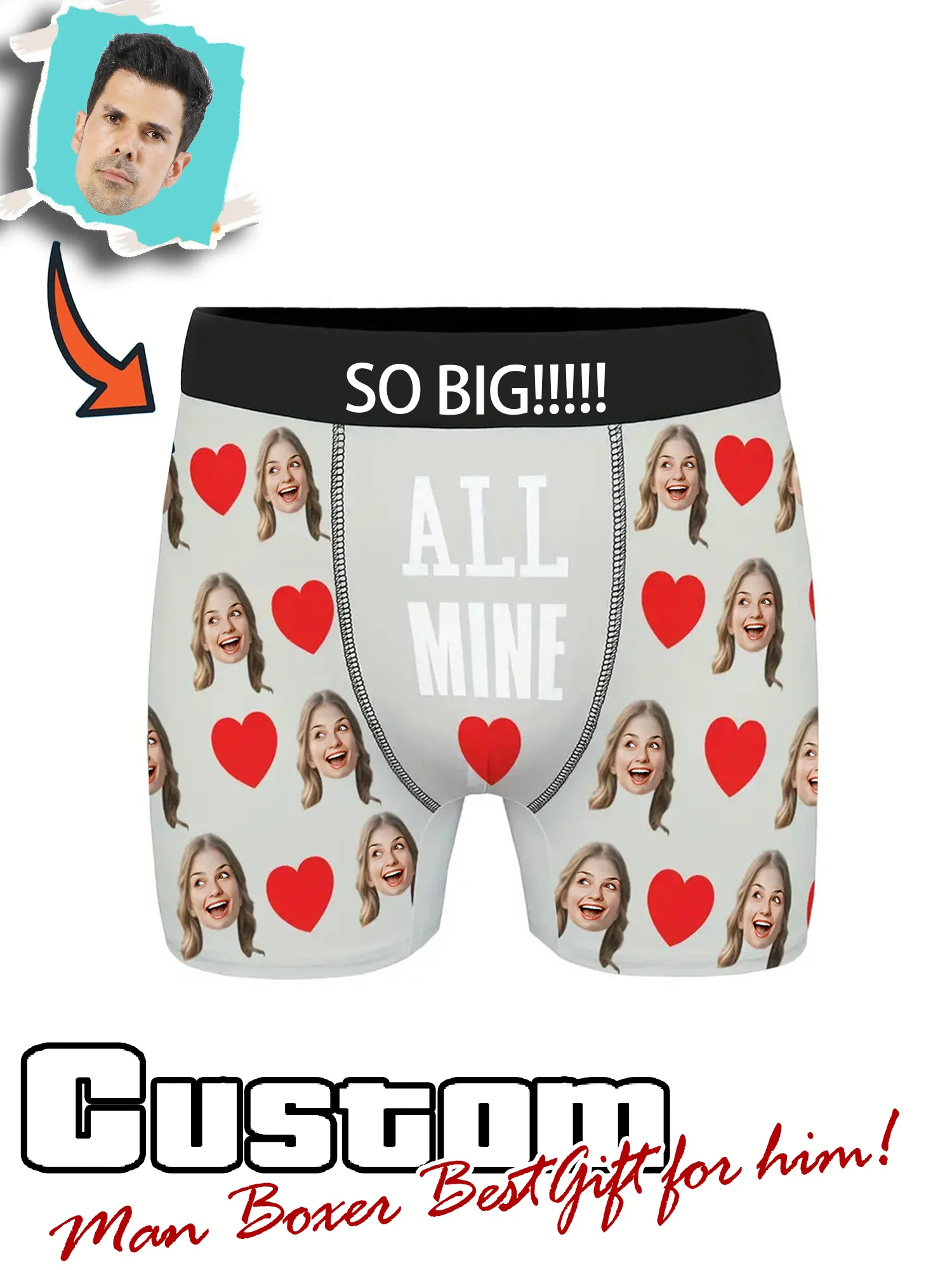 Customized Boxer Shorts with a Large Printed Text And a Facial Image, Featuring Funny Designs And Personalized Graphics