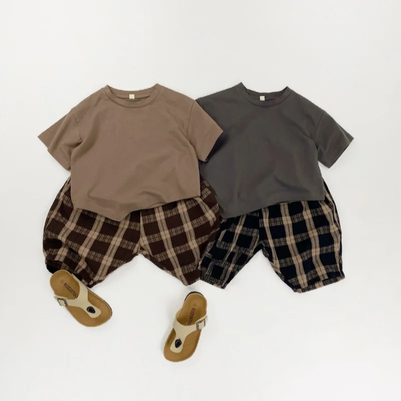 Kinder-Caprihose im koreanischen Stil, Retro-Gittermuster, Kinder-Shorts, Sommerhose, weich, atmungsaktiv, Unisex-Hose – Detail 3
