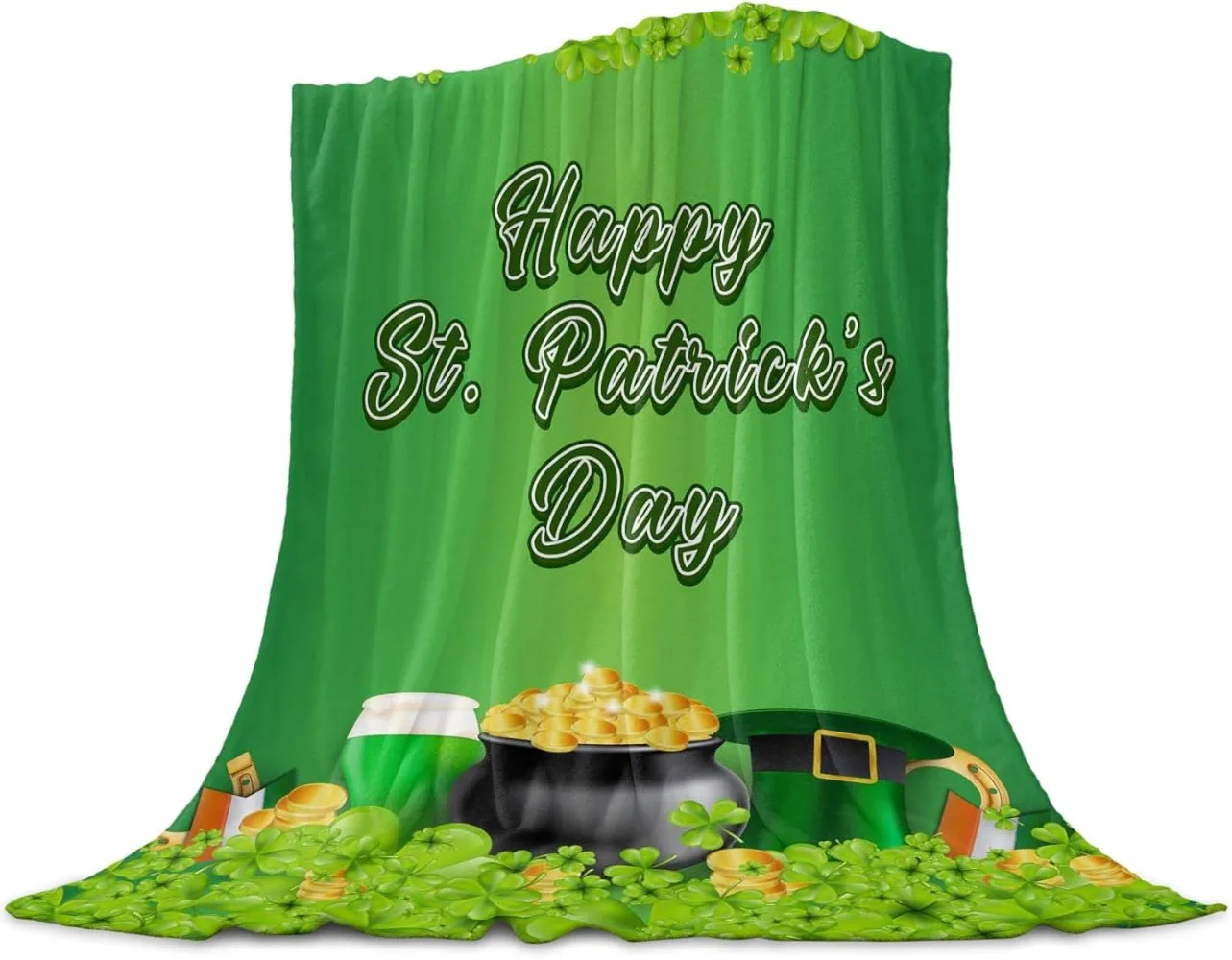 St. Patrick's Day Blanket Spring Holiday Decorations Shamrock Gold Coin Wood Grain Lightweight Throws for Couch Bed Sofa