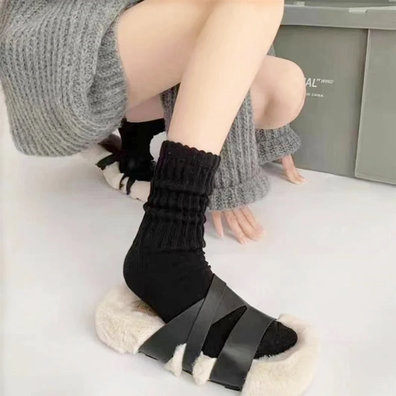 3 Pair Women Cute Knitted Long Socks Girls Casual Solid Loose Crochet Middle Tube Lolita Sox Cotton Boot Cuffs Ruffles Socks