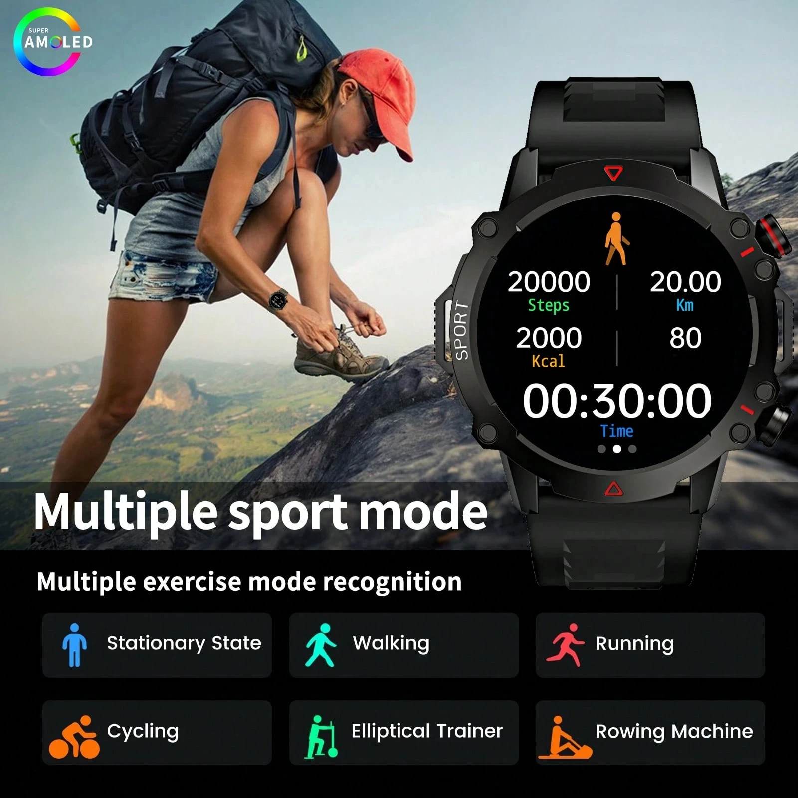 AMOLED SCREEN Chamada sem fio, modos multiesportivos, push de mensagens, foto remota, controle de música, rastreador de fitness ao ar livre | Desportivo