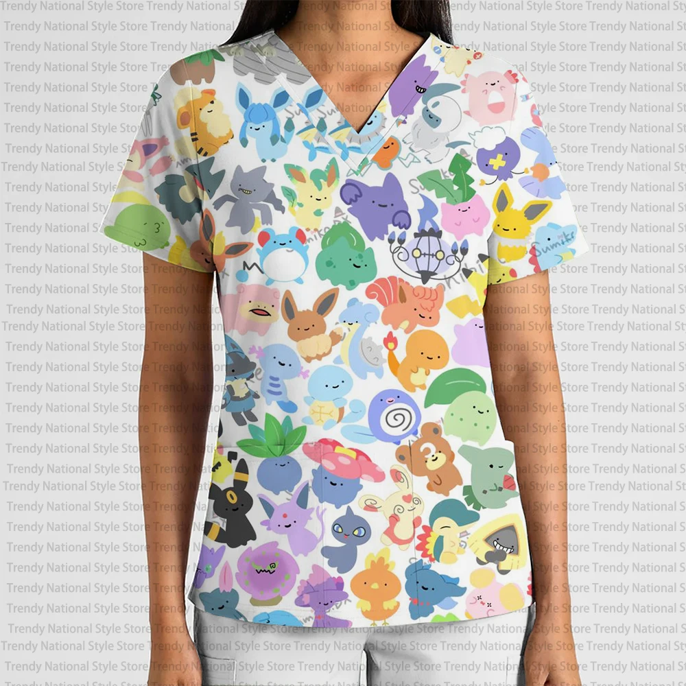 Krankenschwesteruniform, professionelle medizinische Arbeitskleidung, geeignet für Kliniken, Spas, Pflegepersonal und Krankenschwester-Accessoires – Pokémon-Print-T-Shirt