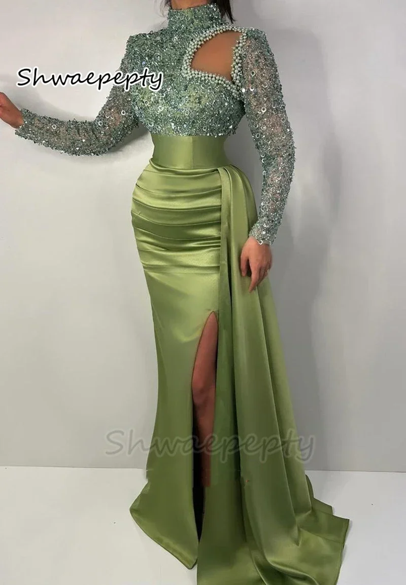 Olive Green Mermaid Prom Dresses Pearls Beaded High Neck Side Split Evening Formal Gown Sequined Satin Long Sleeves Customized