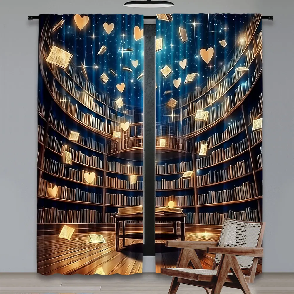 2Pcs Bookshelf Curtains Magical Library Books Flying Starry Sky Pattern Print Window Drapes For Bedroom Living Room A