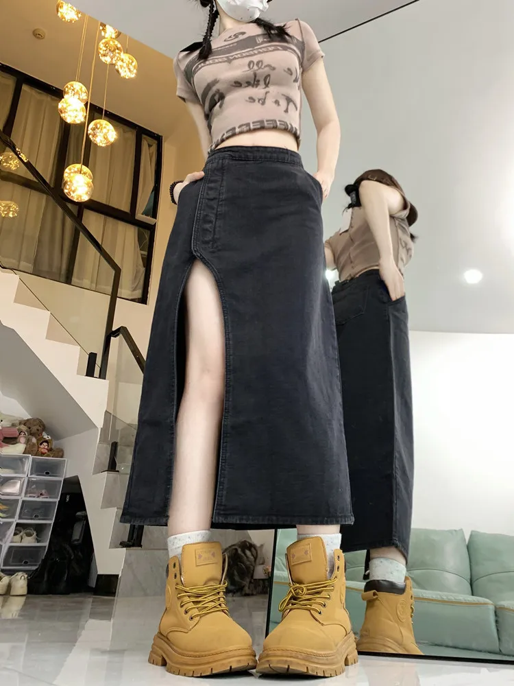 European American Jeans Skirt Y2k Women Denim Long Skirts Summer Vintage Maxi Skirt Side Split Denim Skirt Women Long Korea