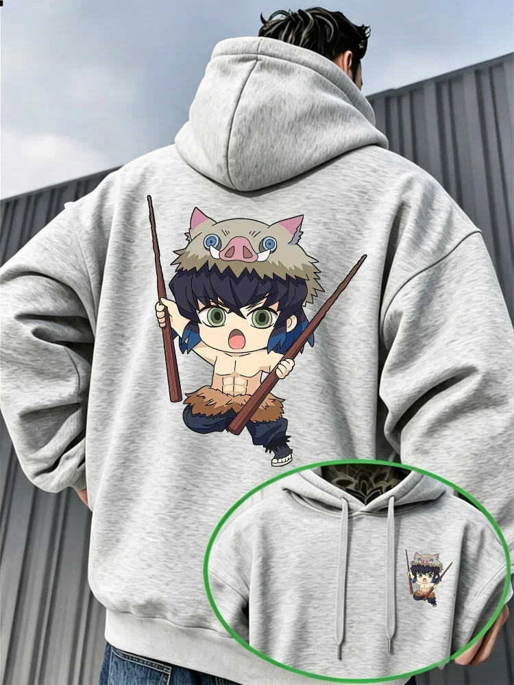 Anime Demon Slayer Inosuke Hoodie Cartoon Character Double Sided Print Casual Pullover Sweatshirt