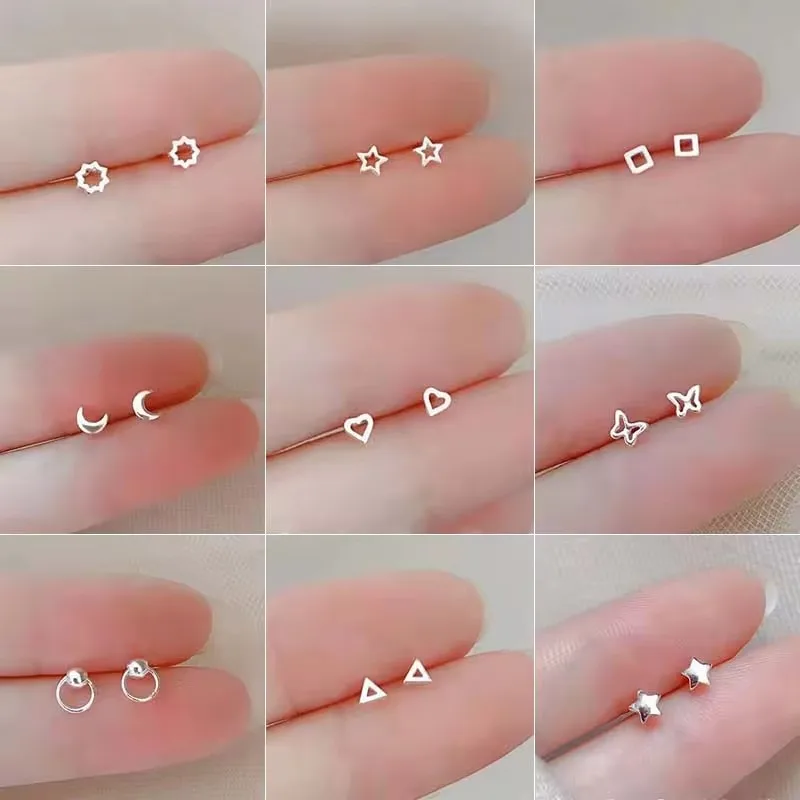 925 Silver Needles Silver Color Mini Star Heart Butterfly Stud Earrings for Women Hypoallergenic Daily Wear Ear Girls Pierc Gift