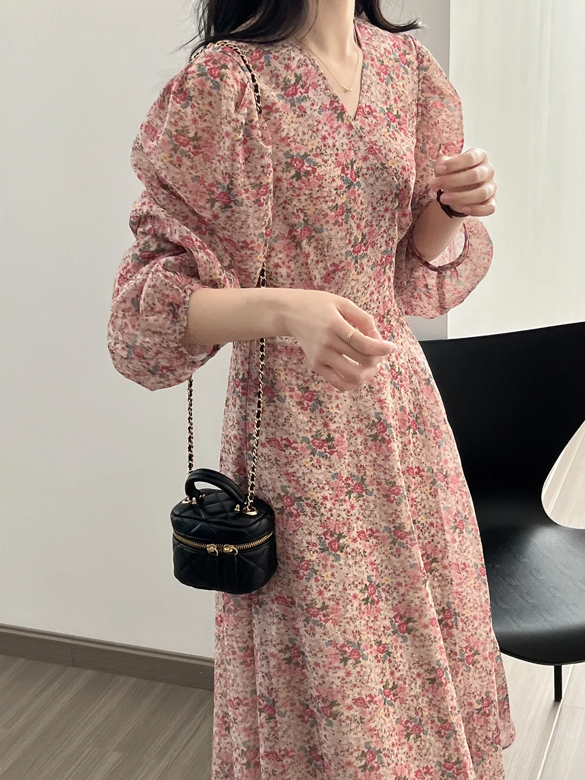 2024 New Women Floral Print Chiffon Long Dress V-Neck Puff Sleeve High Waist Women Summer Dress Vestidos Clothes For Women