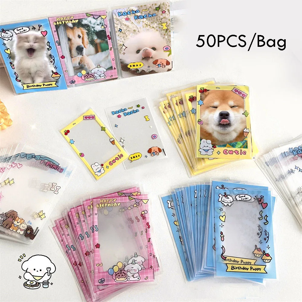 50PCS Cartoon Printed Photocard Sleeves Flat Mouth Transparent Card Packaging Bag Holographic Card Protector Student Supplies