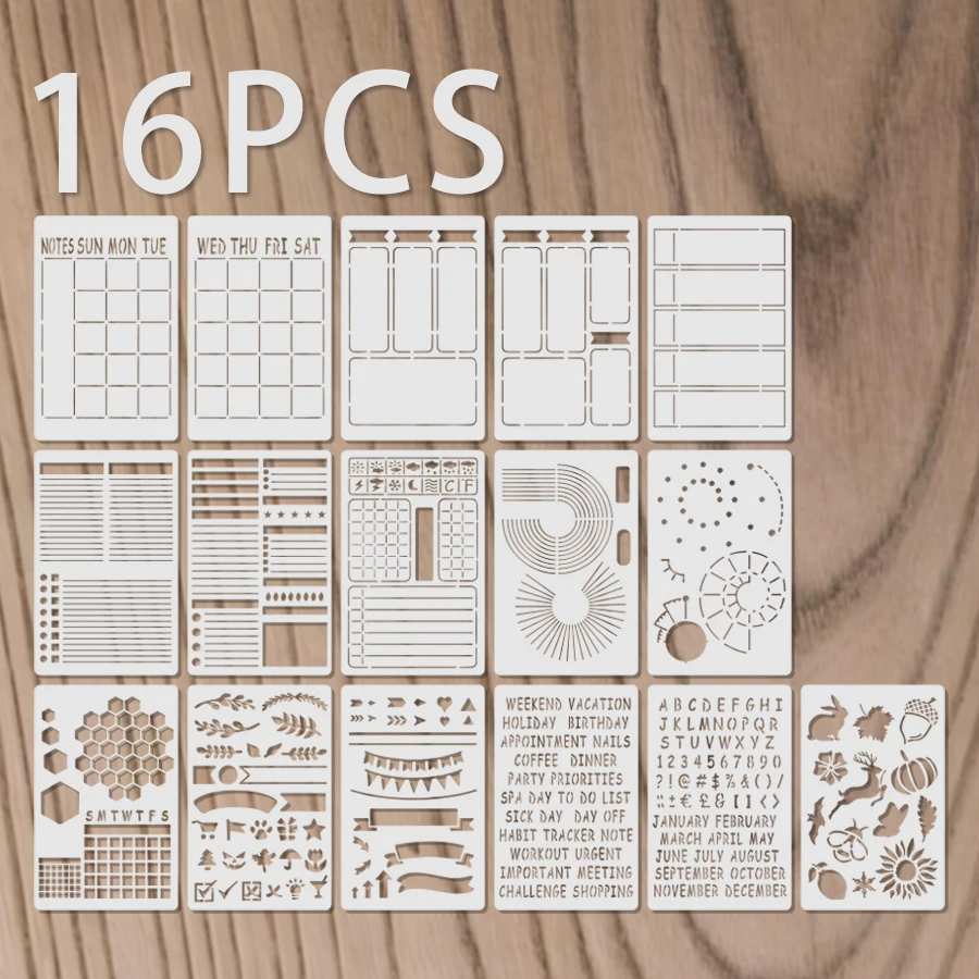 16PCS A5 Journal Stencil Templates 7.4 X 4.9 Inch Planner Layout Drawing Stencils for Notebook DIY Design