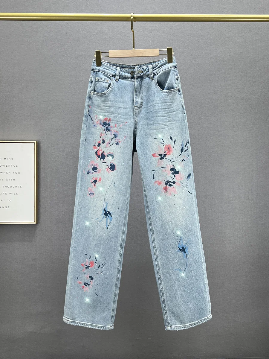 

Джинсы с высокой талией и широкими штанинами, женские, новинка 2024 года, свободного кроя, с эффектом похудения, украшенные стразами, длинные джинсовые брюки-клеш, осенний сезон