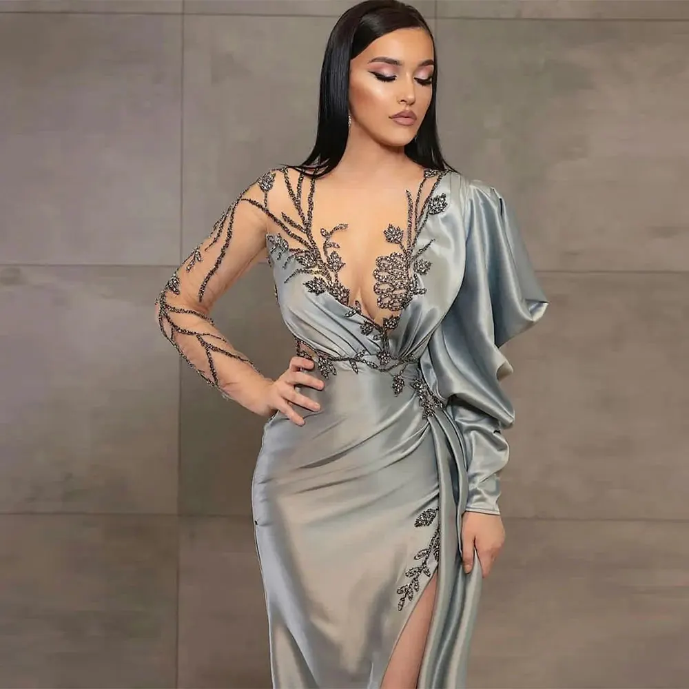 2024 Abendkleider tragen Silber Meerjungfrau lange Ärmel Illusion Kristall Perlen hohe Seite geteilt boden lang Party kleid Prom Gow