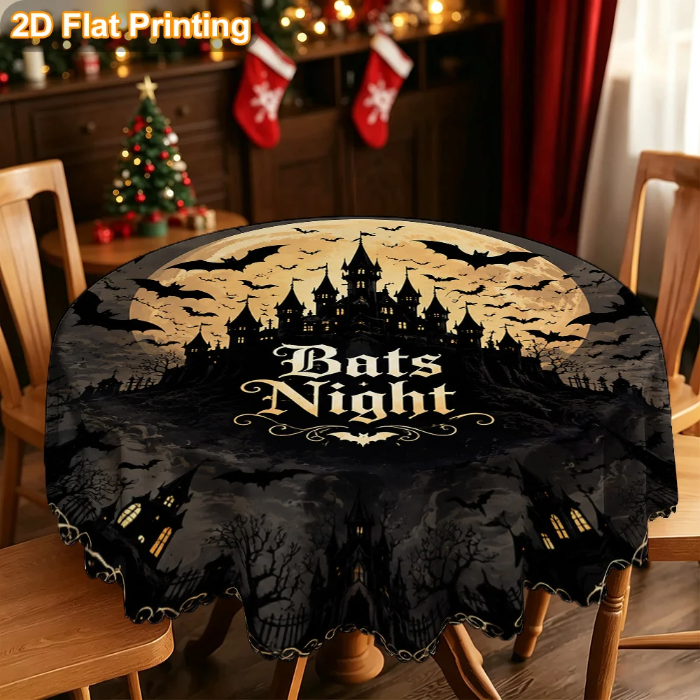 Christmas gift 2D flat. 1 full moon bat castle night print round tablecloth
