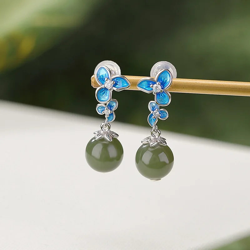 

S925 Sterling Silver Hetian Jade Round Bead Enamel Lilac Flower Artistic Earrings