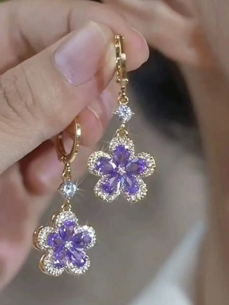 

Purple Flower Drop Earrings With Crystal Accents Minimalist Chic Jewelry For Women