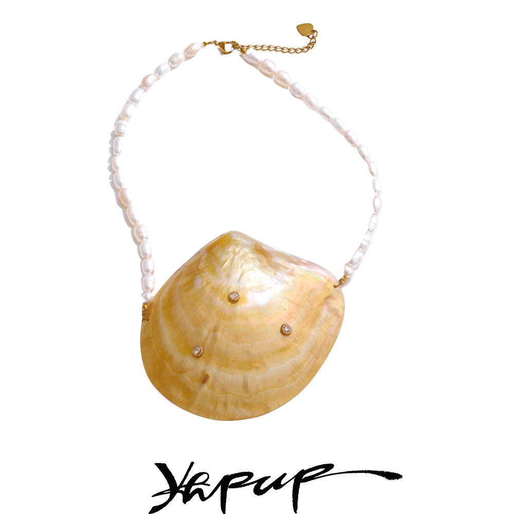 

Yhpup Yellow Big Shell‌ Pendant Necklace Gift Luxury Freshwater Pearl Chain Handmade High Quality Fashion Jewelry Gift