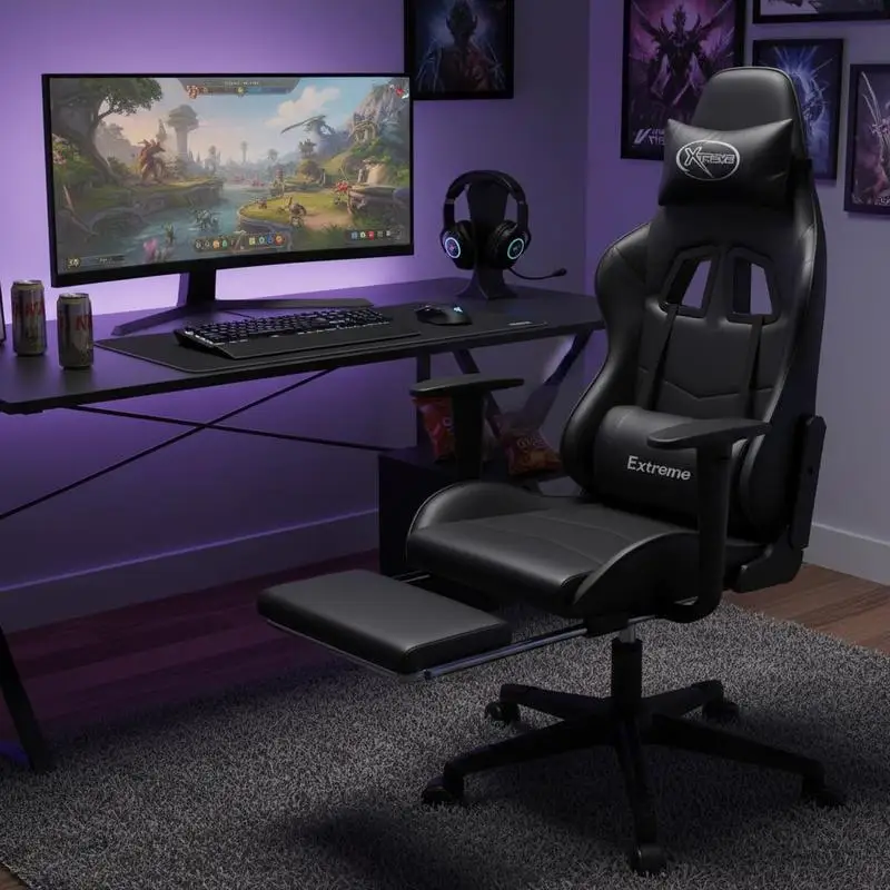 Fauteuil Gamer Ergonomique 65 x 70 x 120 cm, Revêtement Simili Cuir Facile à Entretenir, Dossier Inclinable, Hauteur Réglable, Rotation 360° ° Structure solide en bois contreplaqué et métal, avec repose-pieds