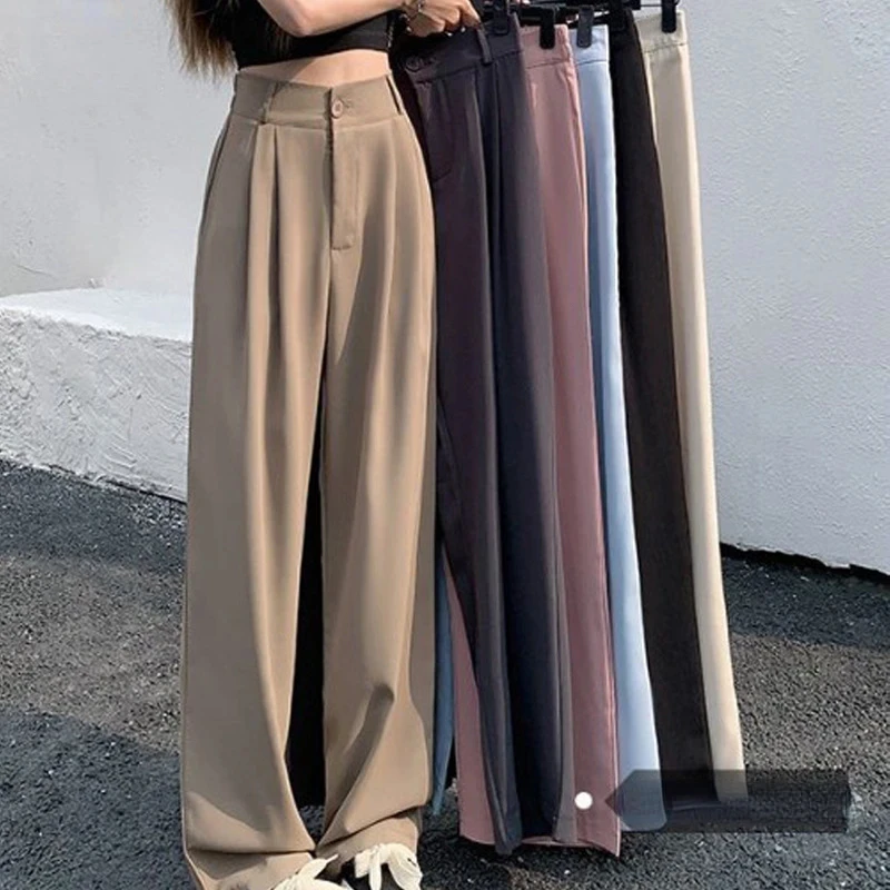 Women Suit Pant Korean Elastic High Waist Straight Pants Casual Loose Solid Simple Wide Leg Trousers Commuting Autumn Winter