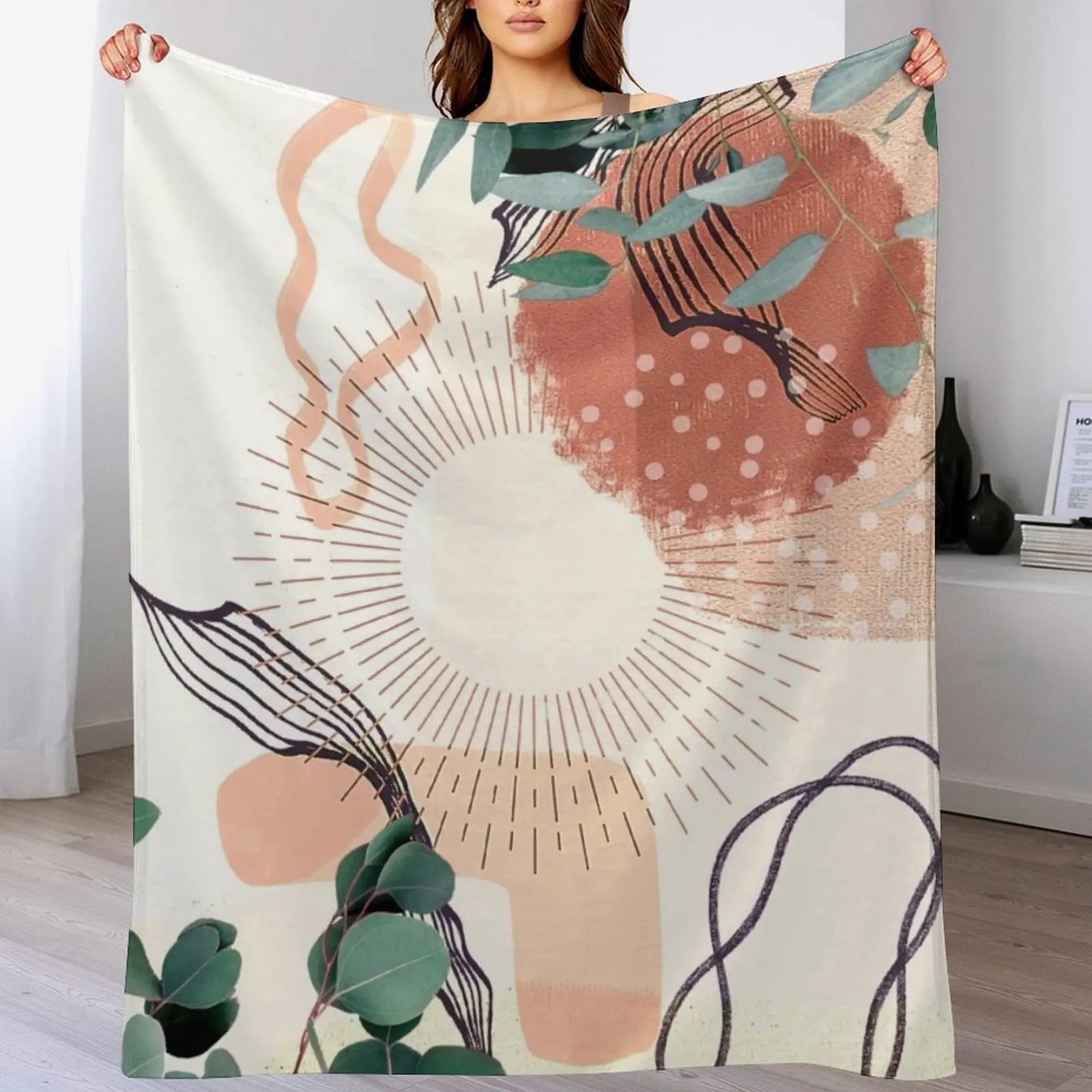 

Eucalyptus Branch Abstract Tropical Boho Minimalist Art with warm earthy tones and pastel colors with solid and so Throw Blanket