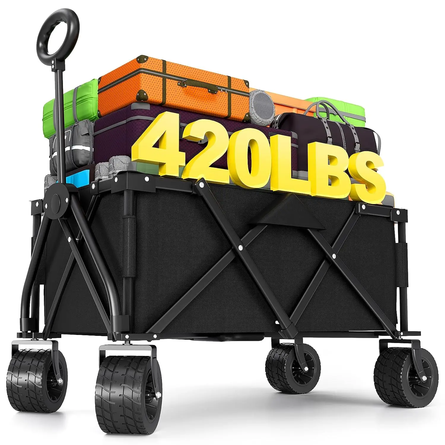 Heavy Duty Folding Wagon Collapsible Cart, 420Lb Capacity, All-Terrain Wheels w/Brakes & Side Pockets (Black), Customized