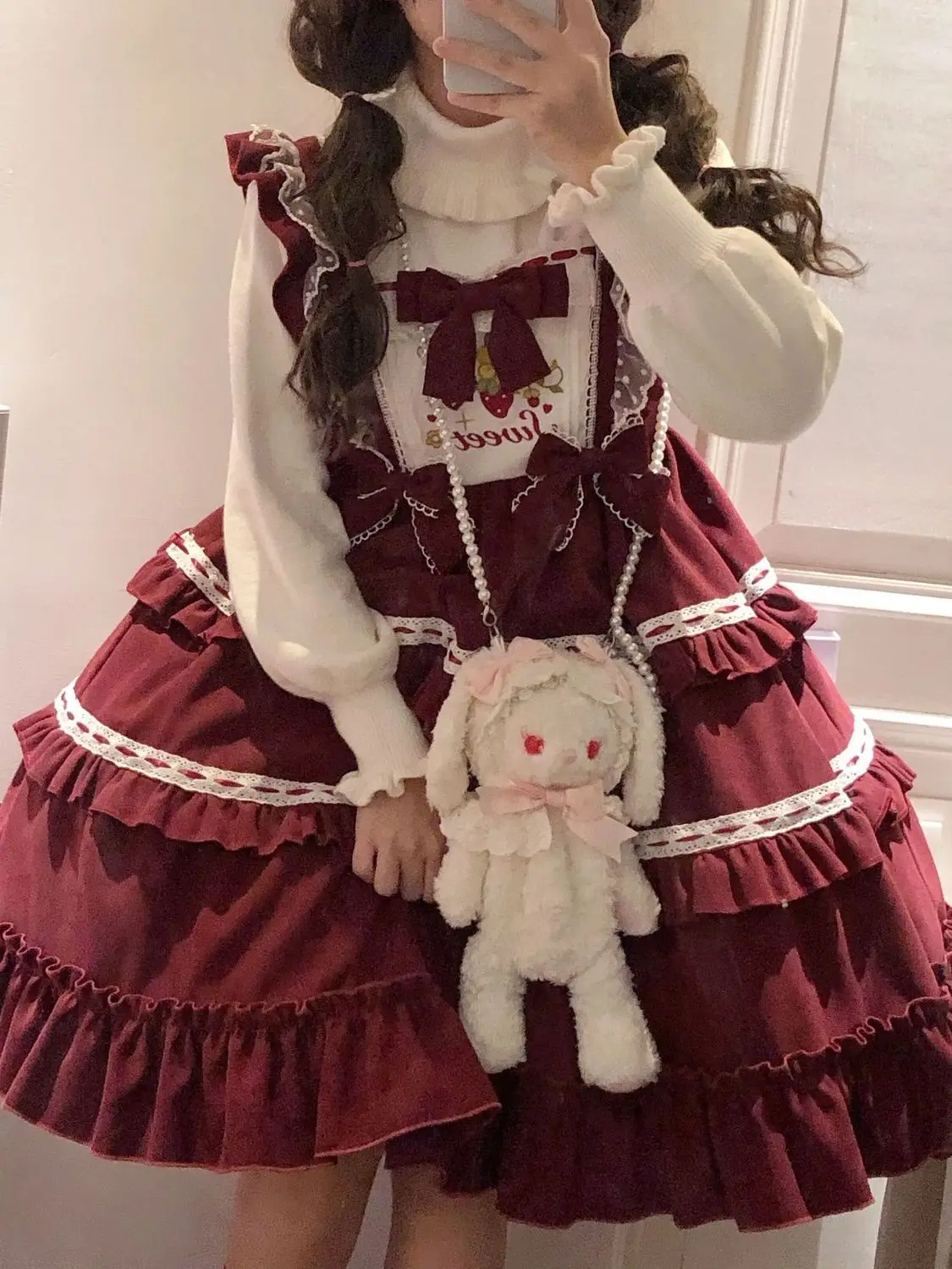 

Japan Sweet Cute Lolita Dress Lovely Student Suspender JSK Dress Kawaii Women Tea Party Dresses Burgundy Bow Maid Dress Uniform