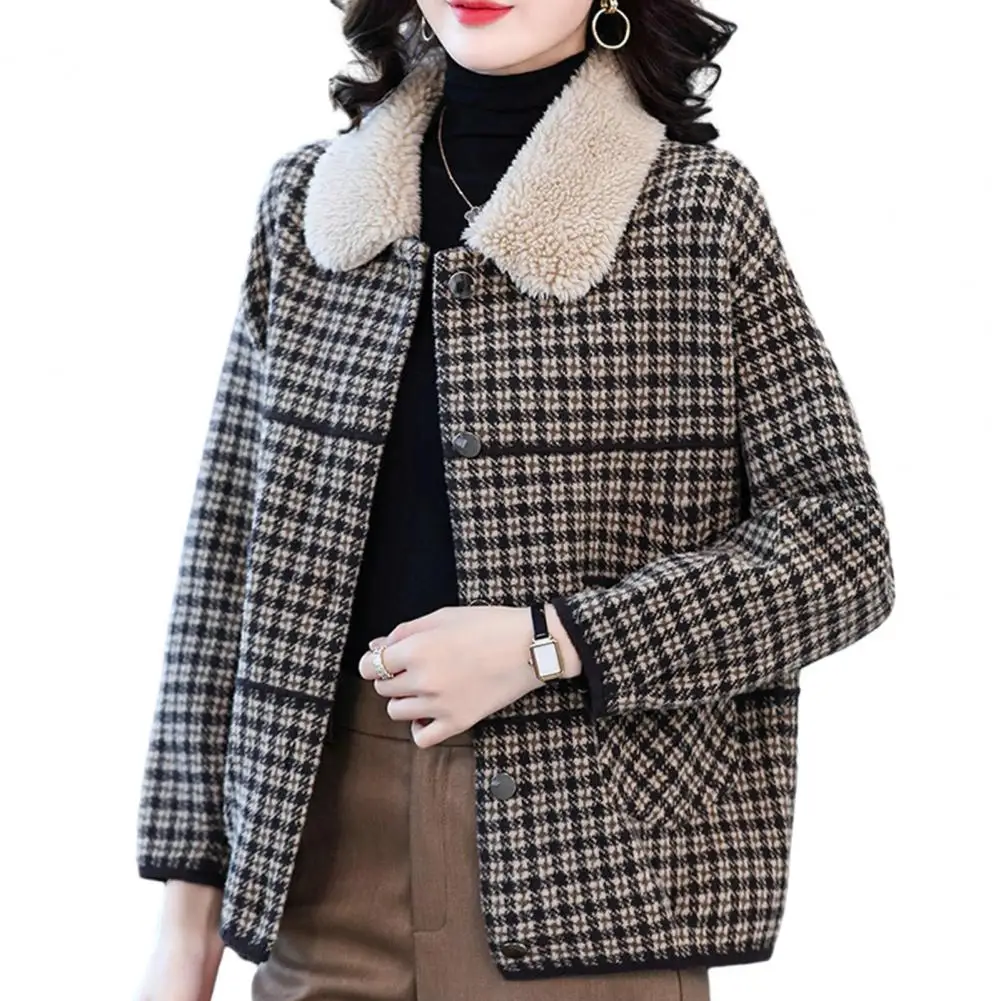 

Soft Women Coat Plush Vintage Plaid Coat Women's Warm Single-breasted Jacket with Lapel Double-sided Knit for Autumn Winter Long