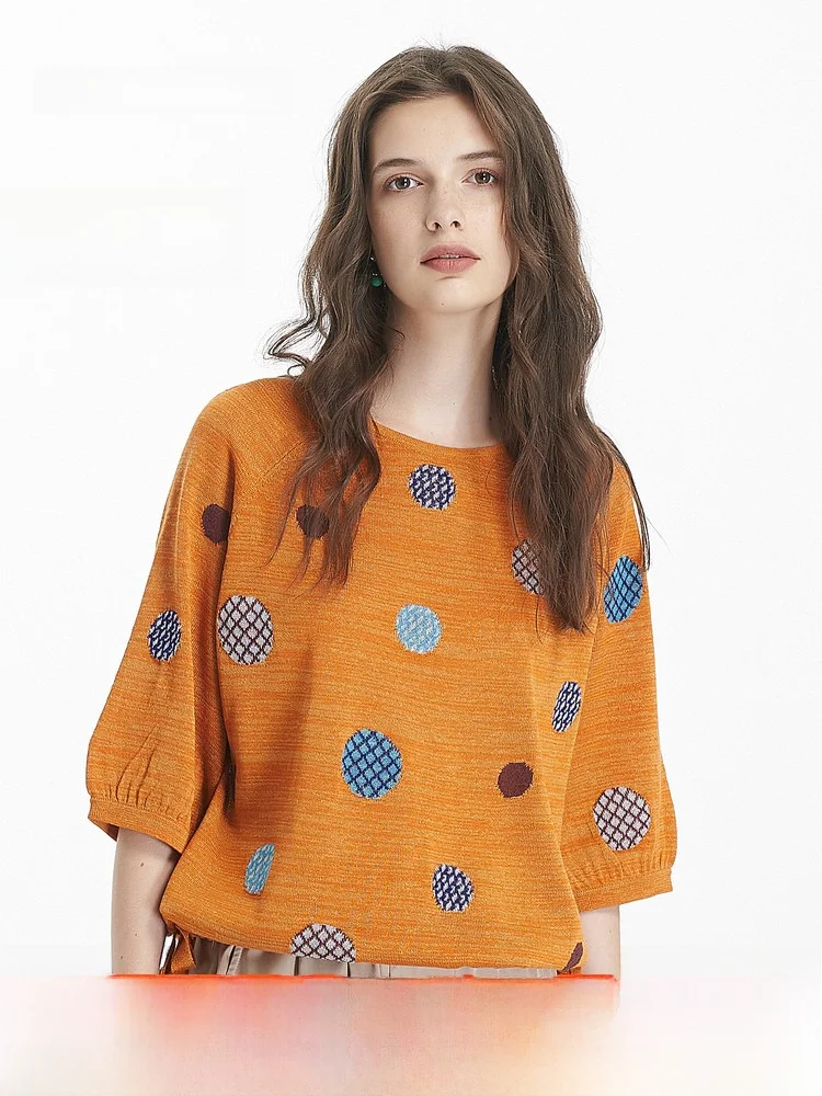 

Вязаный топ в горошек с круглым вырезом и рукавом до локтя, элегантный женский модный топ премиум-класса, новинка весна-лето