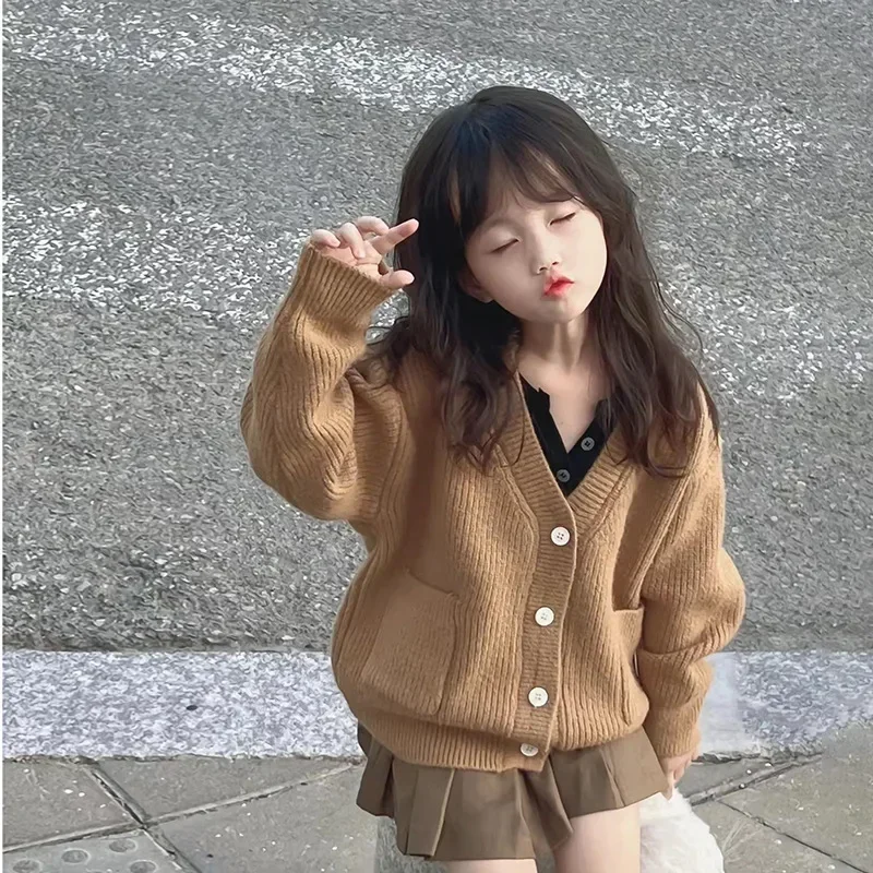 New Spring and Autumn Children's Cardigan Sweater Set Korean Style Solid Color Coat Boys and Girls Sweater Casual Loose Clothing