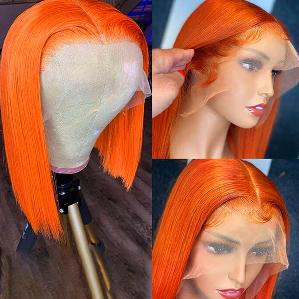 Ginger Orange HD Transparent Short Bob Human Hair Wigs Malaysia Highlight Straight 13x6x2 Lace Front Wig For Women Pre Plucked