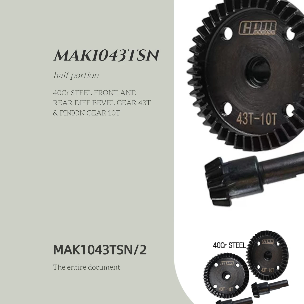 40Cr Steel Front/Rear Diff Bevel Gear 43T & Pinion Gear 10T for ARRMA Kraton