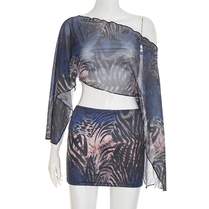 Tiger-Print-Mesh-Off-Shoulder-Oberteil mit langen Ärmeln, eng anliegender Halbrock, zweiteiliges Set – Detail 11