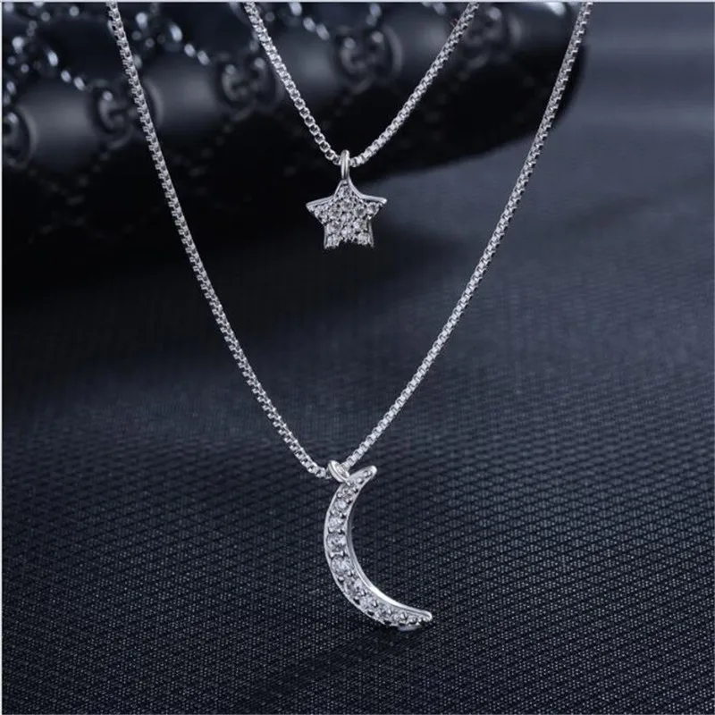 New Fashion 925 Sterling Silver Double Layer Star Moon Necklace for Women Delicate Zircon Choker Chain Jewelry Colar de Prata