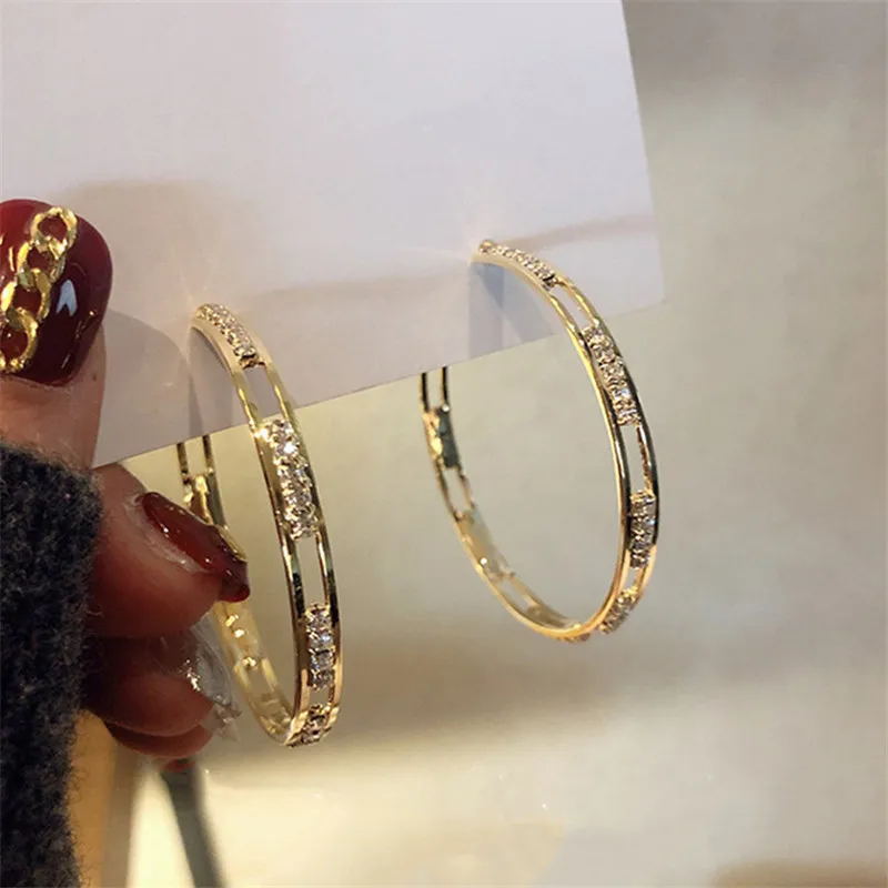 FYUAN Golden Round Crystal Hoop Earrings for Women Bijoux Geometric Rhinestones Earrings Statement Jewelry Party Gifts