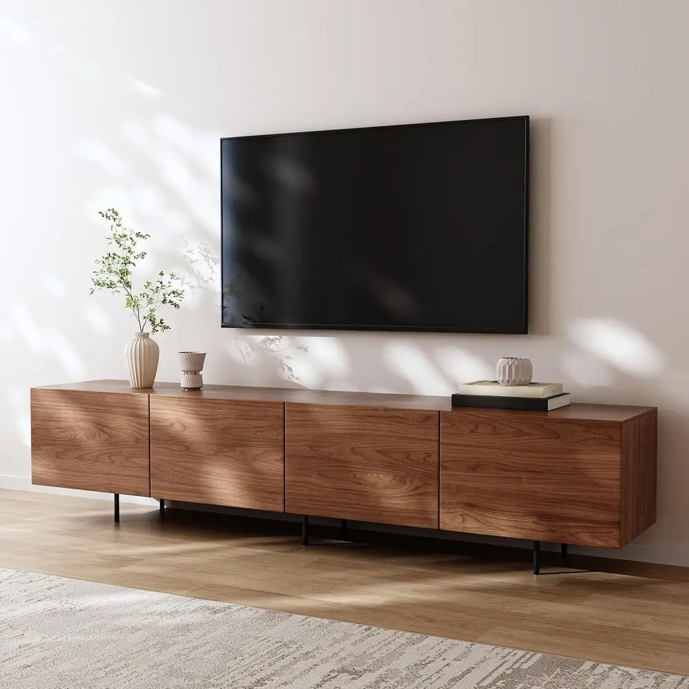 

Long 94.5 Walnut Media Console with 4 Doors, Large Storage, Cable Management & Metal Legs, Modern Entertainment Center for Livin